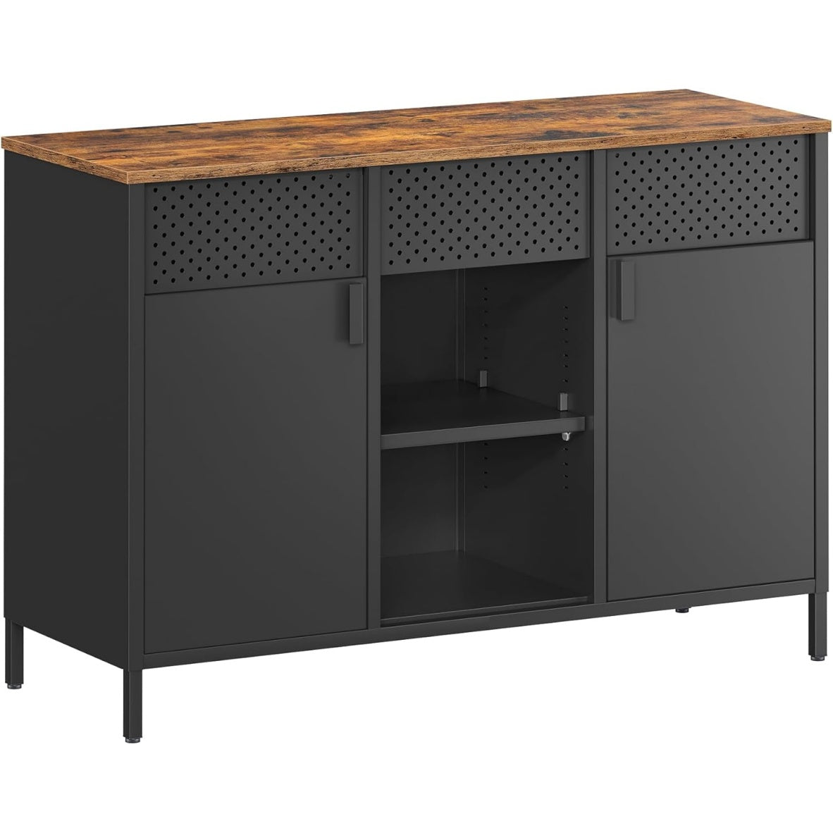 Armoire de rangement en acier avec double porte, fermeture magnetique et tablettes reglables, finition marron rustique et noir mat