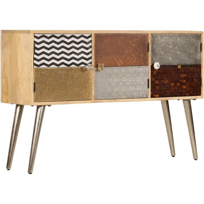 Buffet en bois massif de manguier 120 x 30 x 75 cm avec trois compartiments, meuble de rangement durable pour salon cuisine et salle a manger