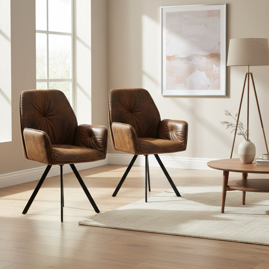 Paire de fauteuils pivotants a 360 degres avec accoudoirs, assise en suedine marron et pieds metalliques pour interieur