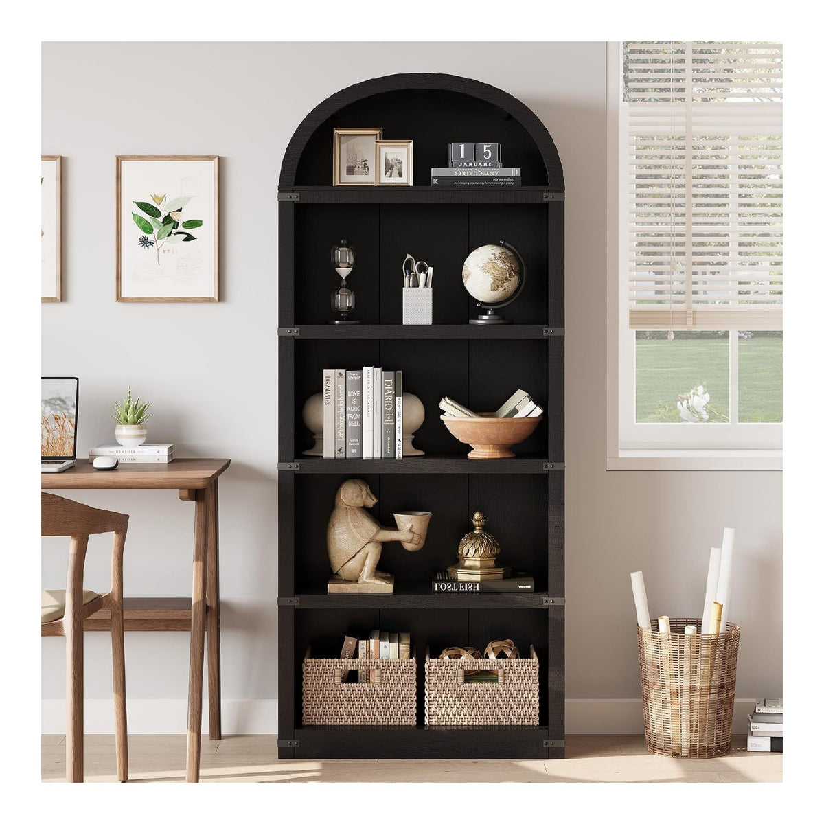 Bibliotheque avec rangement ferme finition bois noir