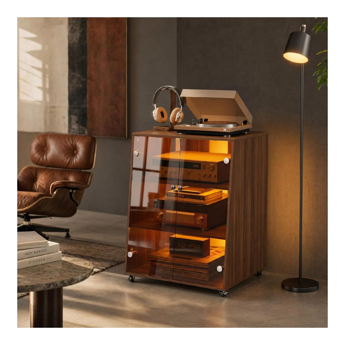 etageres audiovisuelles reglable avec rangement ferme marron