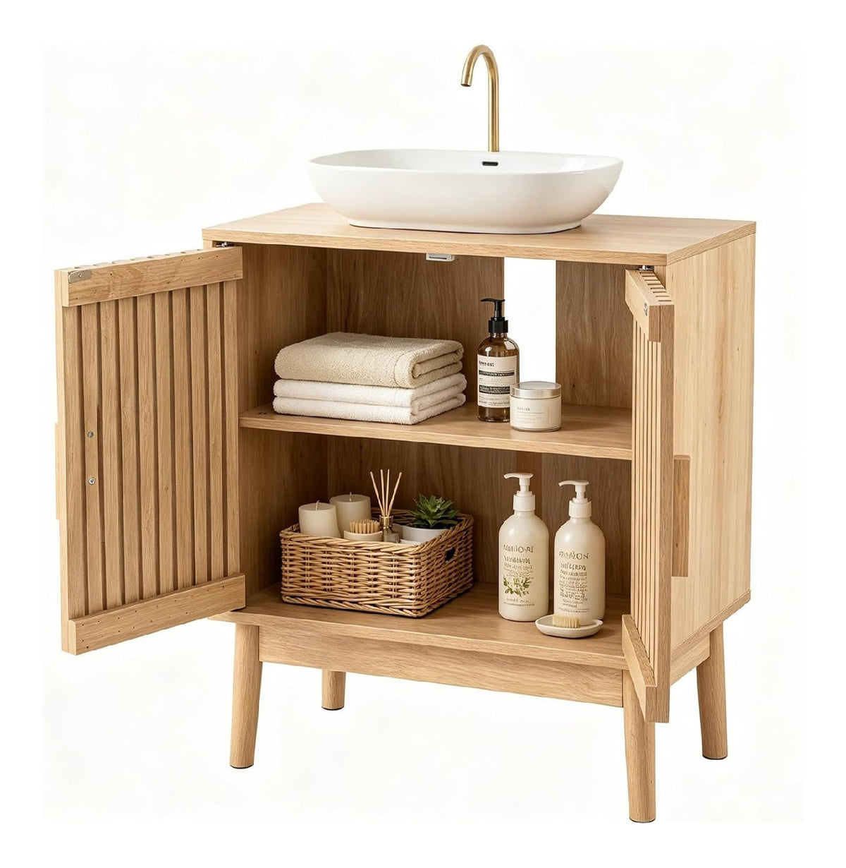 Meubles-lavabos avec rangement ferme finition bois naturel 60 x 30 x 70 cm