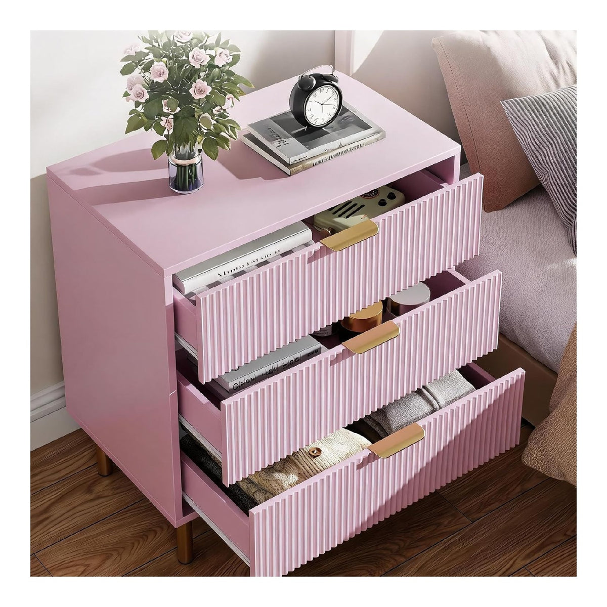 Commode de rangement avec tiroirs finition bois rose