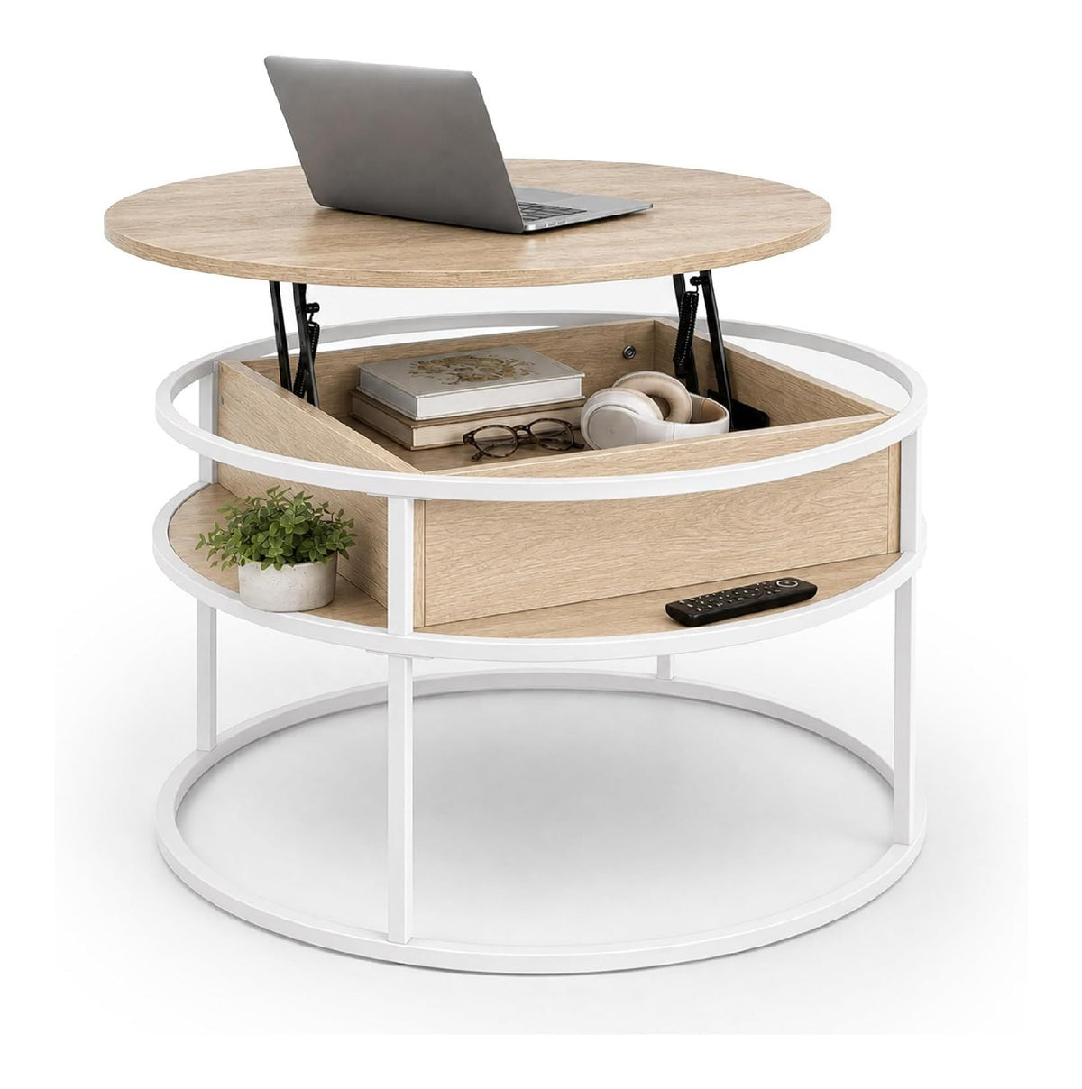 Table basse finition bois structure metal blanc