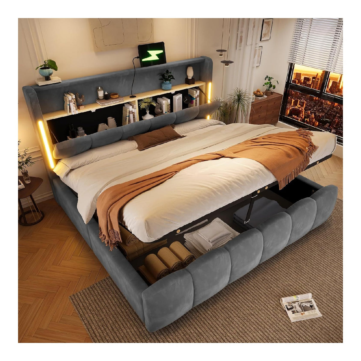 Cadres de lit avec rangement ferme revetement velours gris