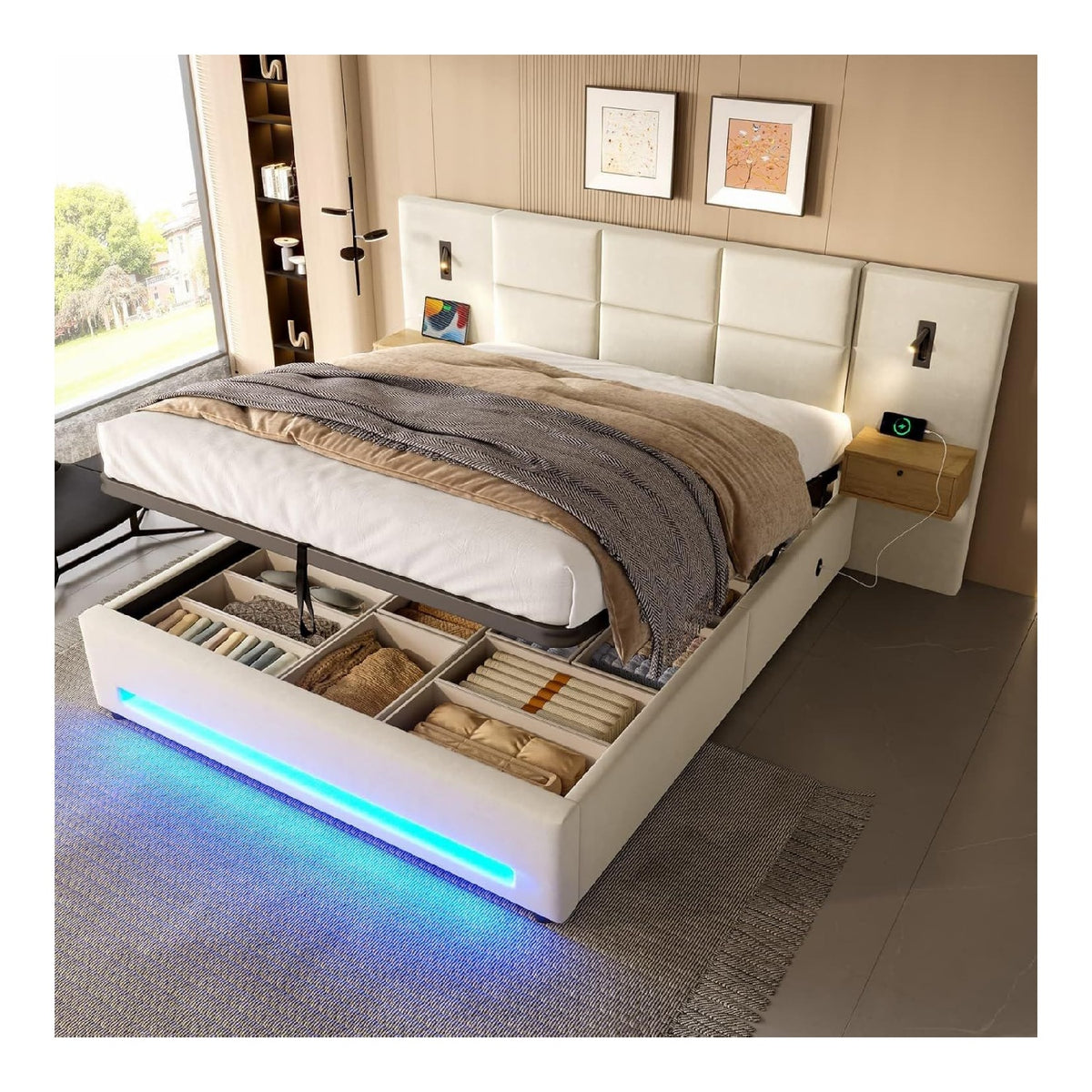 Cadres de lit reglable avec rangement ferme beige 2,1 x 2,5 x 1,05 m