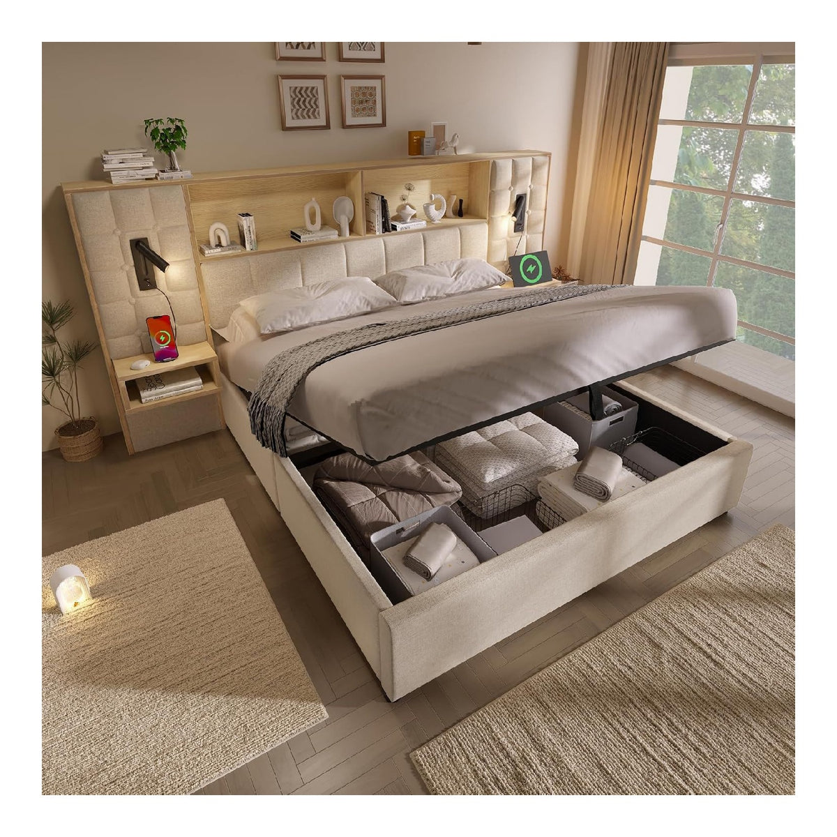 Cadres de lit finition bois structure metal gris