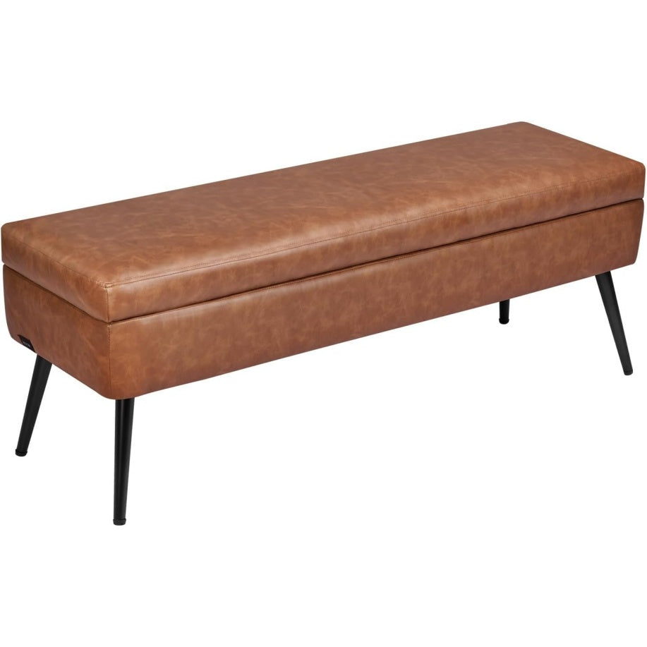 Banc coffre capitonne en cuir PU 120 cm avec rangement integre et pieds metal, banquette polyvalente pour chambre entree salon ou salle a manger, marron
