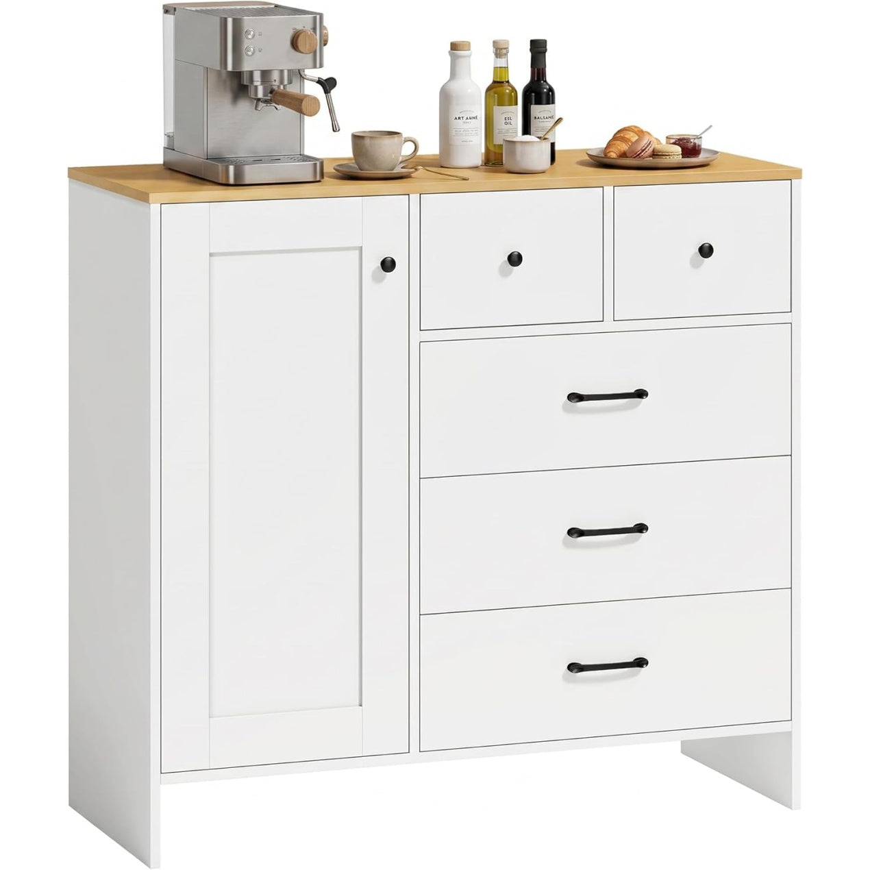 Buffet cuisine blanc style rustique avec cinq tiroirs et une porte, dimensions 100 x 40 x 94 cm, rangement polyvalent